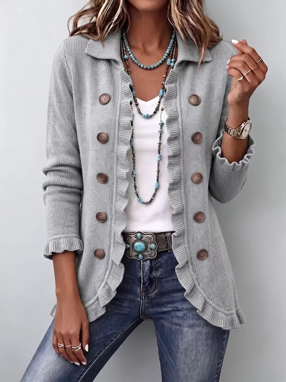 Elena | Chaqueta con Volantes de Punto Acanalado Gris Jaspeado