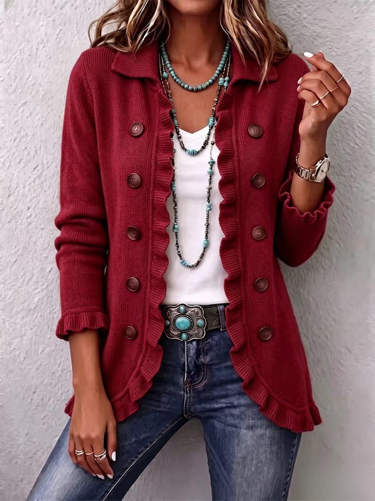 Rosalia | Chaqueta de Punto Acanalado Rojo Rubí con Volantes