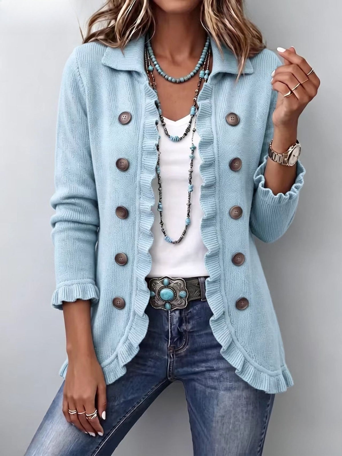 Cecilia | Chaqueta de Punto Acanalado Azul Polvo con Volantes