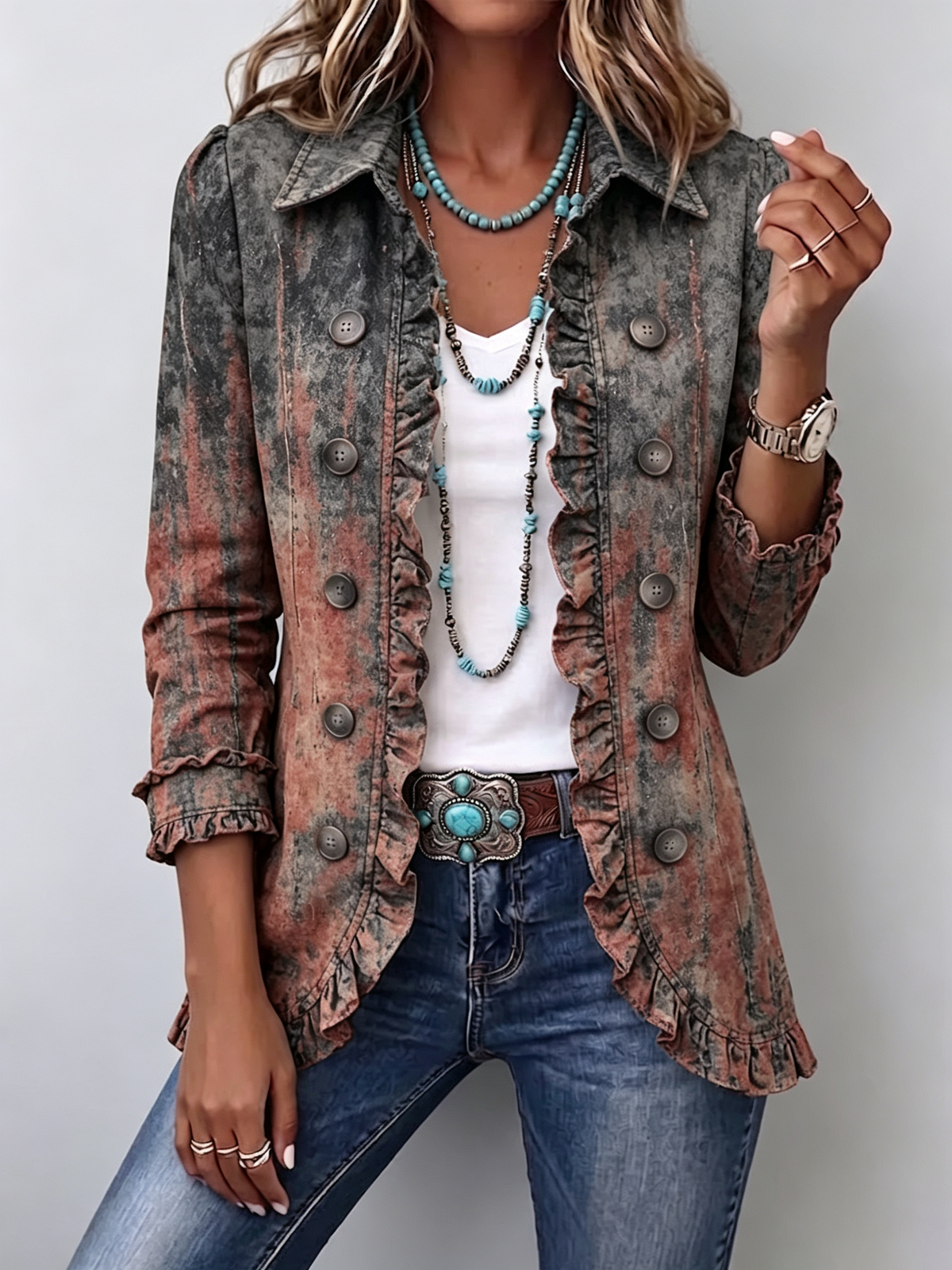 Bruna | Chaqueta con Volantes y Estampado Texturizado Degradado Vintage