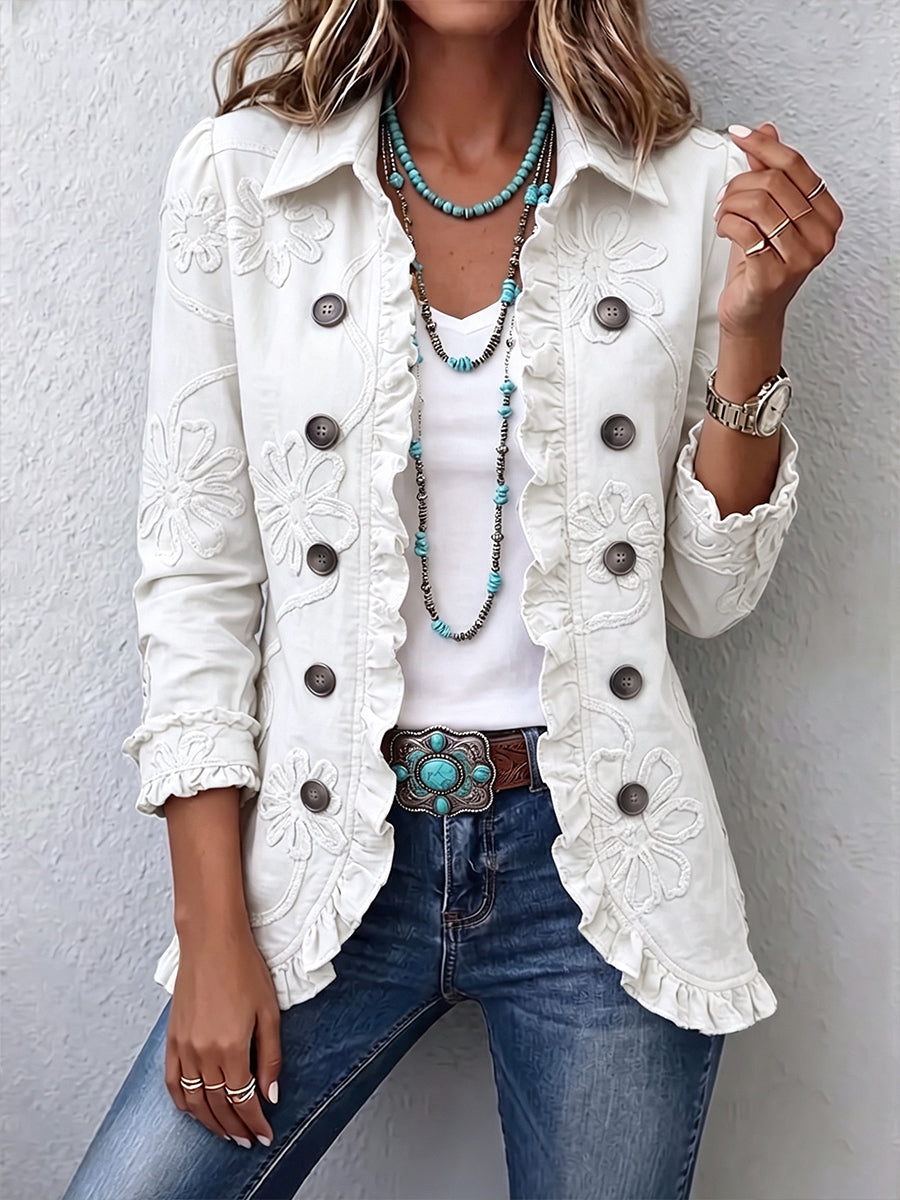 Marisa | Chaqueta Utility Bordada con Flores Color Marfil y Borde de Volantes